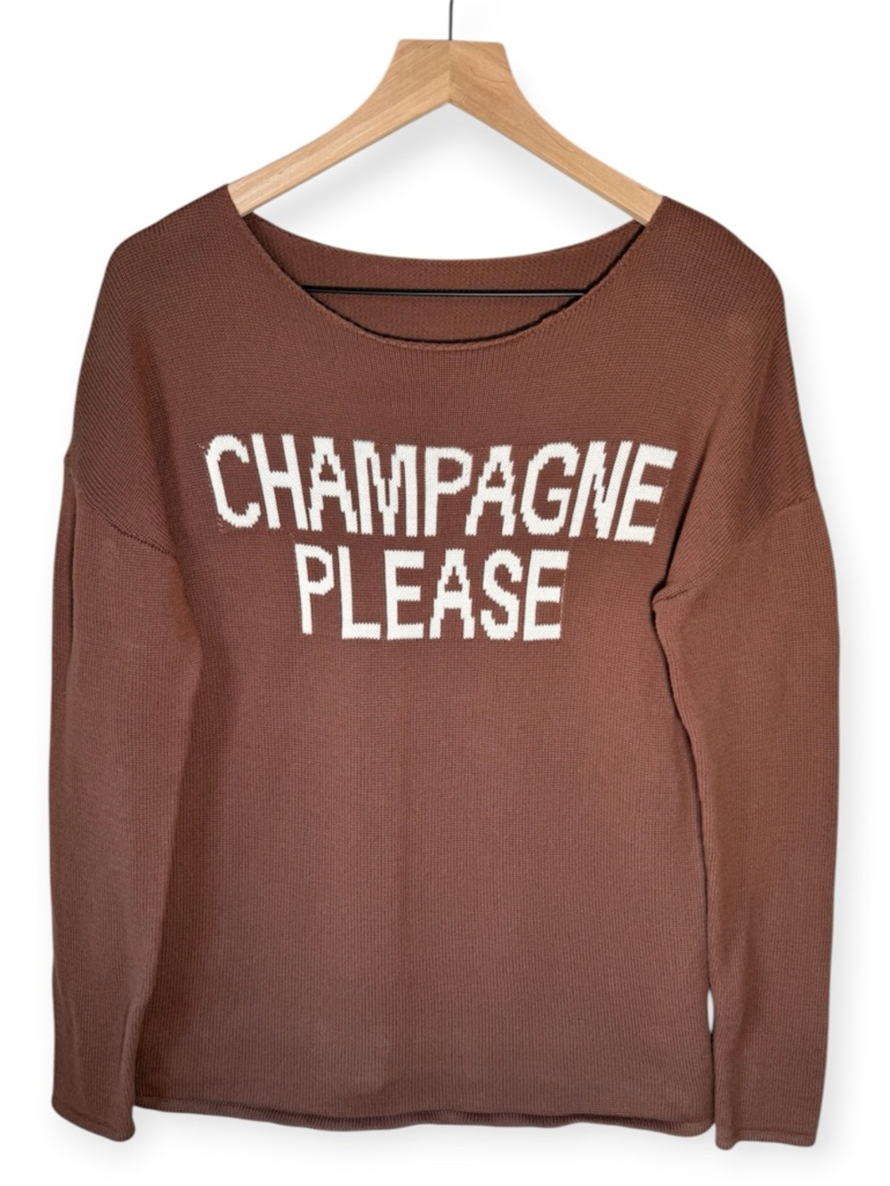 Champagne Please Knit Sweater Women’s Size Small Oversized Brown Wide Round Neck